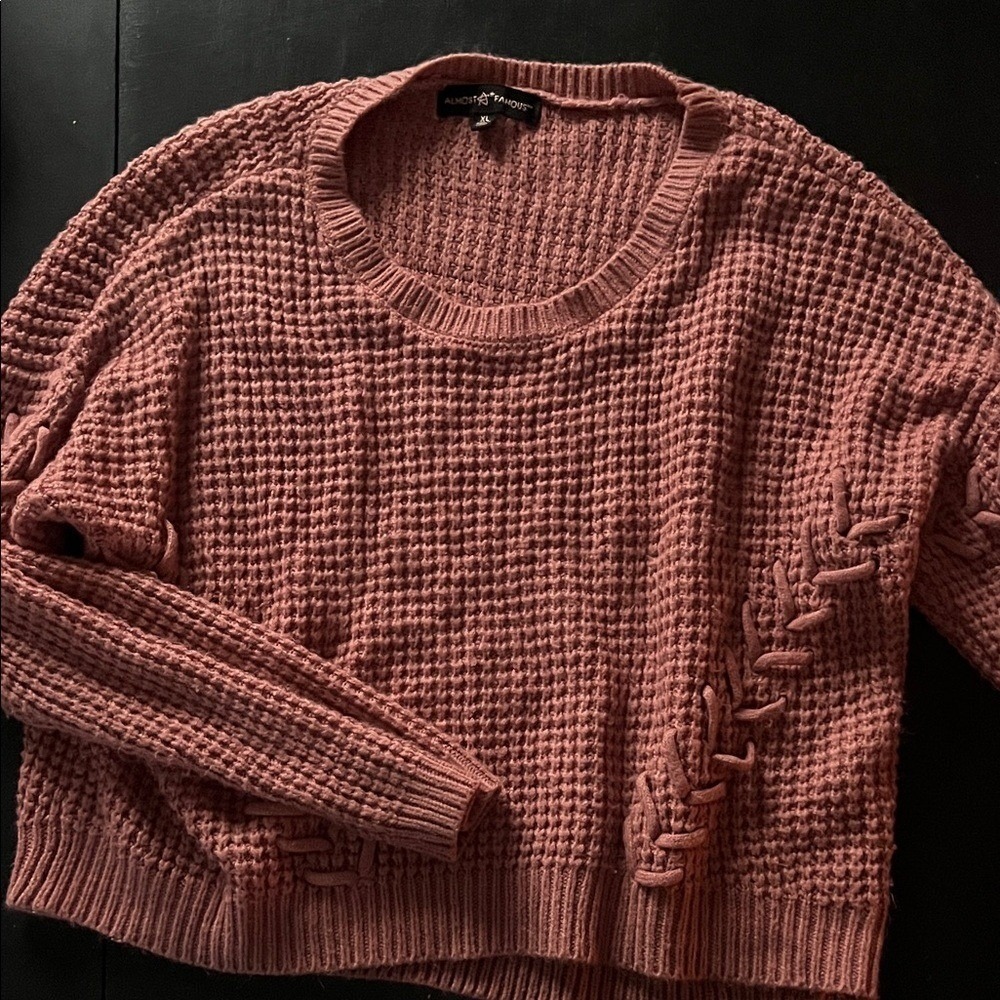 Almost Famous Waffle Knit Lace Up Detail Sweater Dusty Rose XL